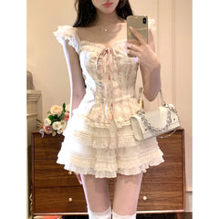 Elegant Retro 2 Piece Skirt Set Women Even Party Clothing Casual Y2k Crop Top Blouse + Slim Skirts 2000s Vintage Japanese Kawaii Aiertu