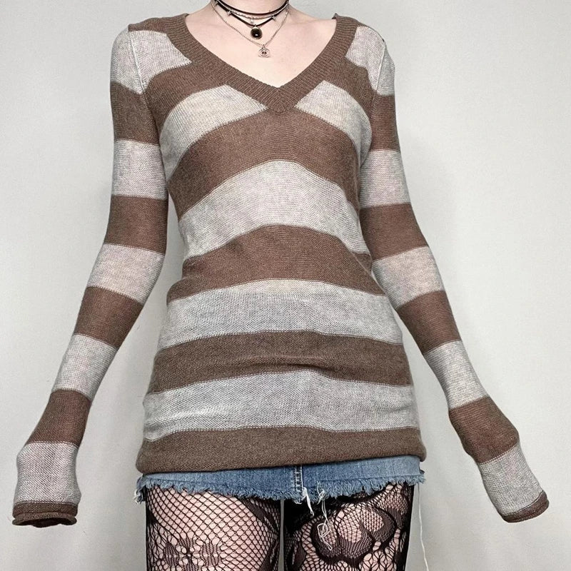 y2k Grunge Striped Knitted V Neck Sweater Dress for Women Mall Goth Emo Vintage Mini Dress Fall Winter Slim Fit Jumpers Aiertu