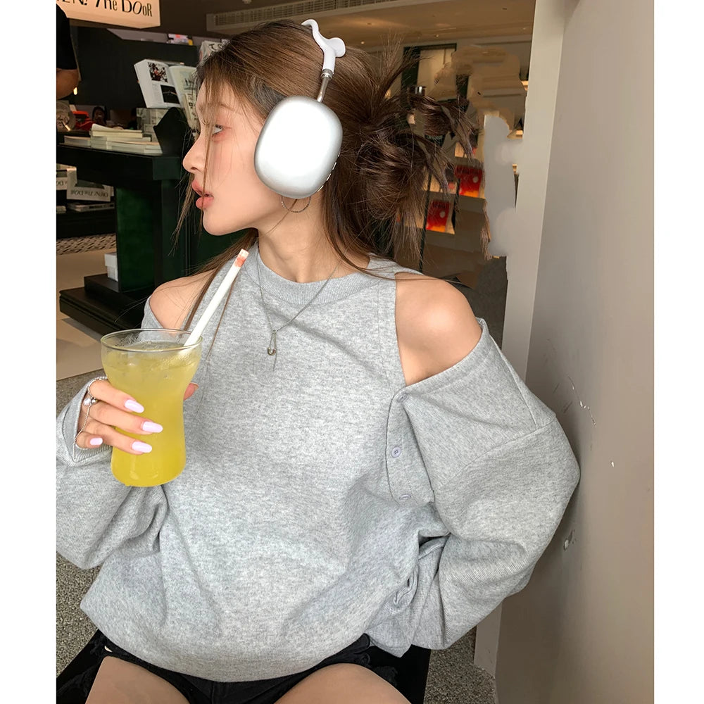 Aiertu Women Black Elegant Long Sleeve Button Off Shoulder T Shirt Casual For Spring Autumn Gray Round Neck Loose Pullover Tops Fashion Aiertu
