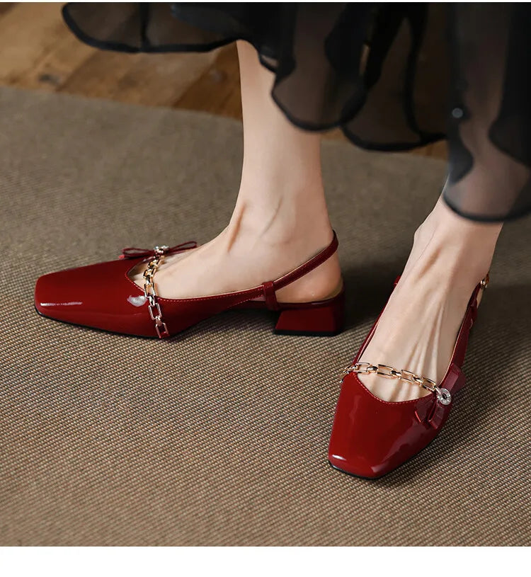 Aiertu Summer Shoes Women Square Toe Chunky Heel Sandals Women Patent Leather Solid Chain Low Heel Wine Red/Beige Shoes for Women Aiertu