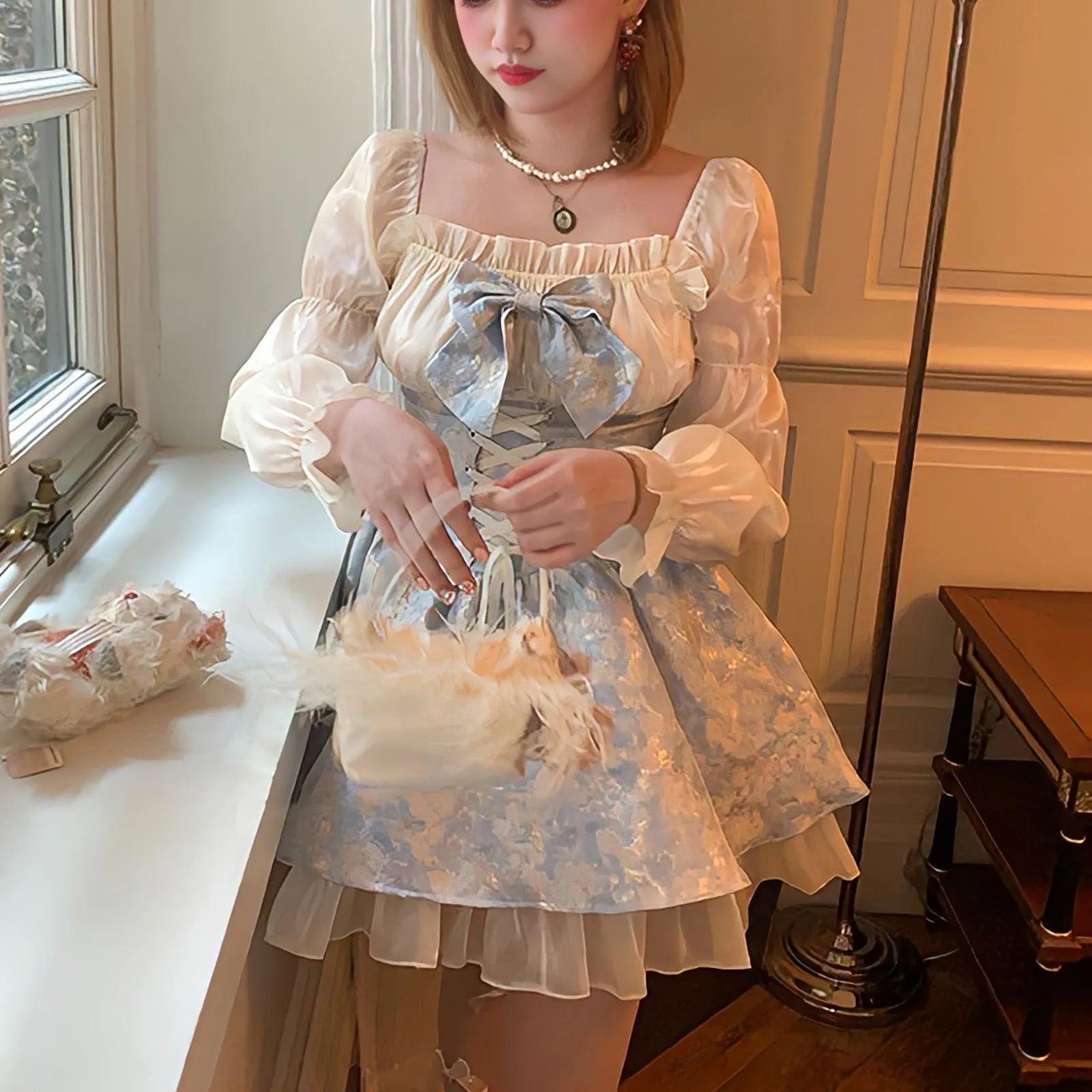 Aiertu  Princess Dress Women Party Y2k Bandage Blue Cosplay Costumes Japanese Puff Sleeve Ribbon Square Neck Bowknot Mini Dress Aiertu