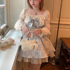 Aiertu  Princess Dress Women Party Y2k Bandage Blue Cosplay Costumes Japanese Puff Sleeve Ribbon Square Neck Bowknot Mini Dress Aiertu
