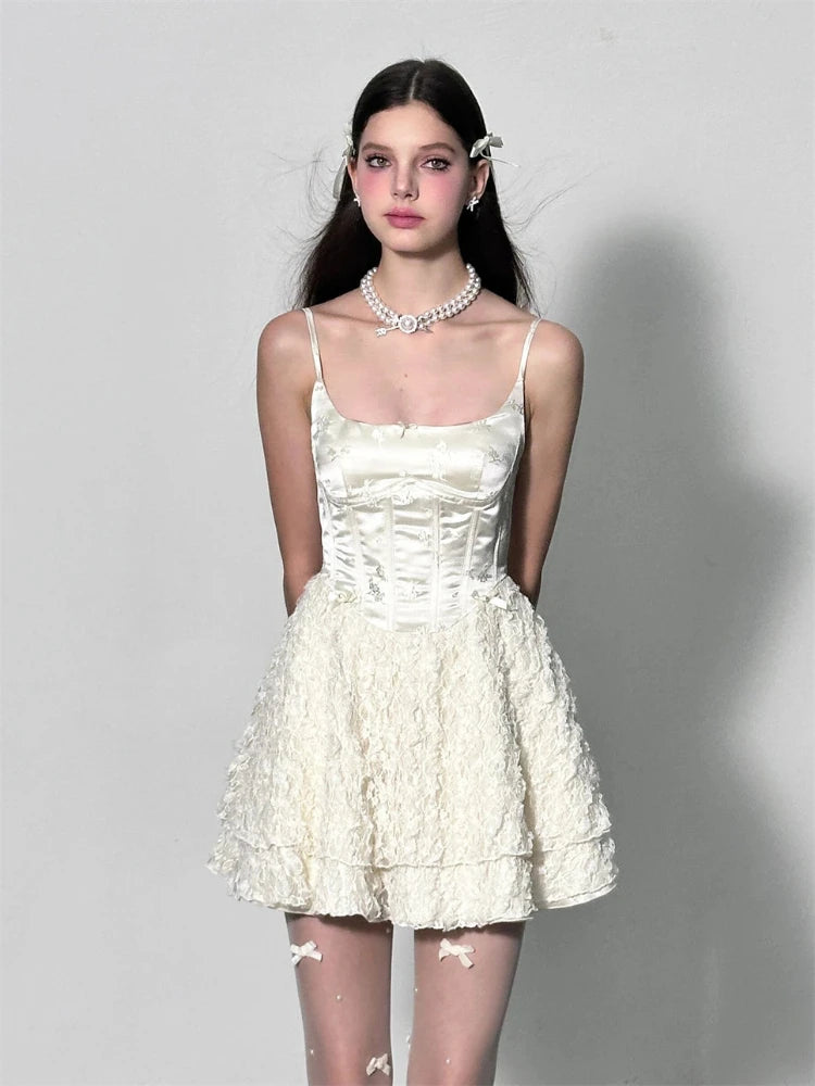 Aiertu Elegant Fairy Dress Women Summer High Waist White Lace Party Mini Dresses Spaghetti Strap Streetwear Korean Fashion Aiertu