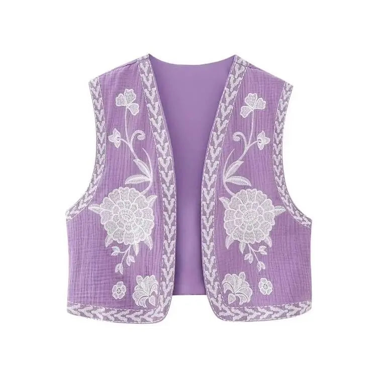 Aiertu Women Vintage Floral Embroidered Open WaistCoat Ladies National Style Vest Jacket Outfits Casual Vacation Crop Top Aiertu