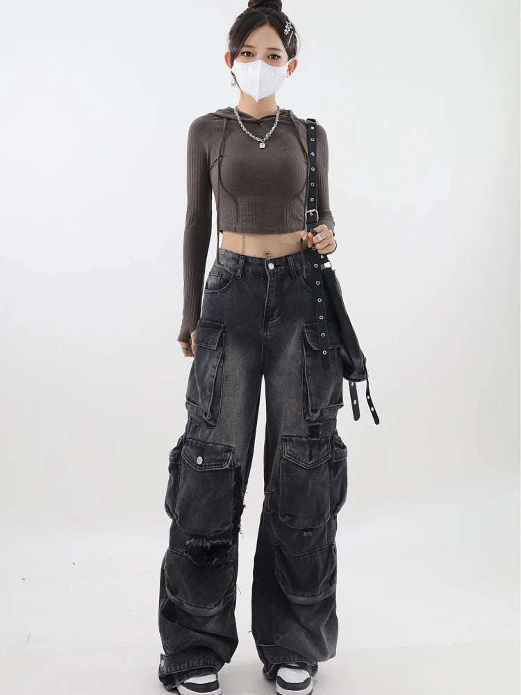 Aiertu Women's Black Gothic Baggy Cargo Jeans Vintage Emo 2000s Y2k Harajuku Denim Trouser Korean 90s High Waist Cowboy Pants Clothes Aiertu
