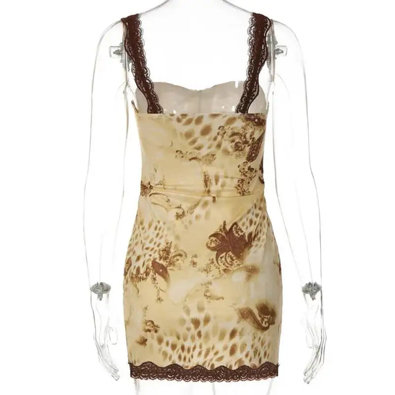 AIERTU  -  Retro Print Hip Hugging Short Skirt Women Lace Camisole Strapless Summer Sexy Slim Fit Backless Bow Tie Fashionable Sweet Dress Aiertu
