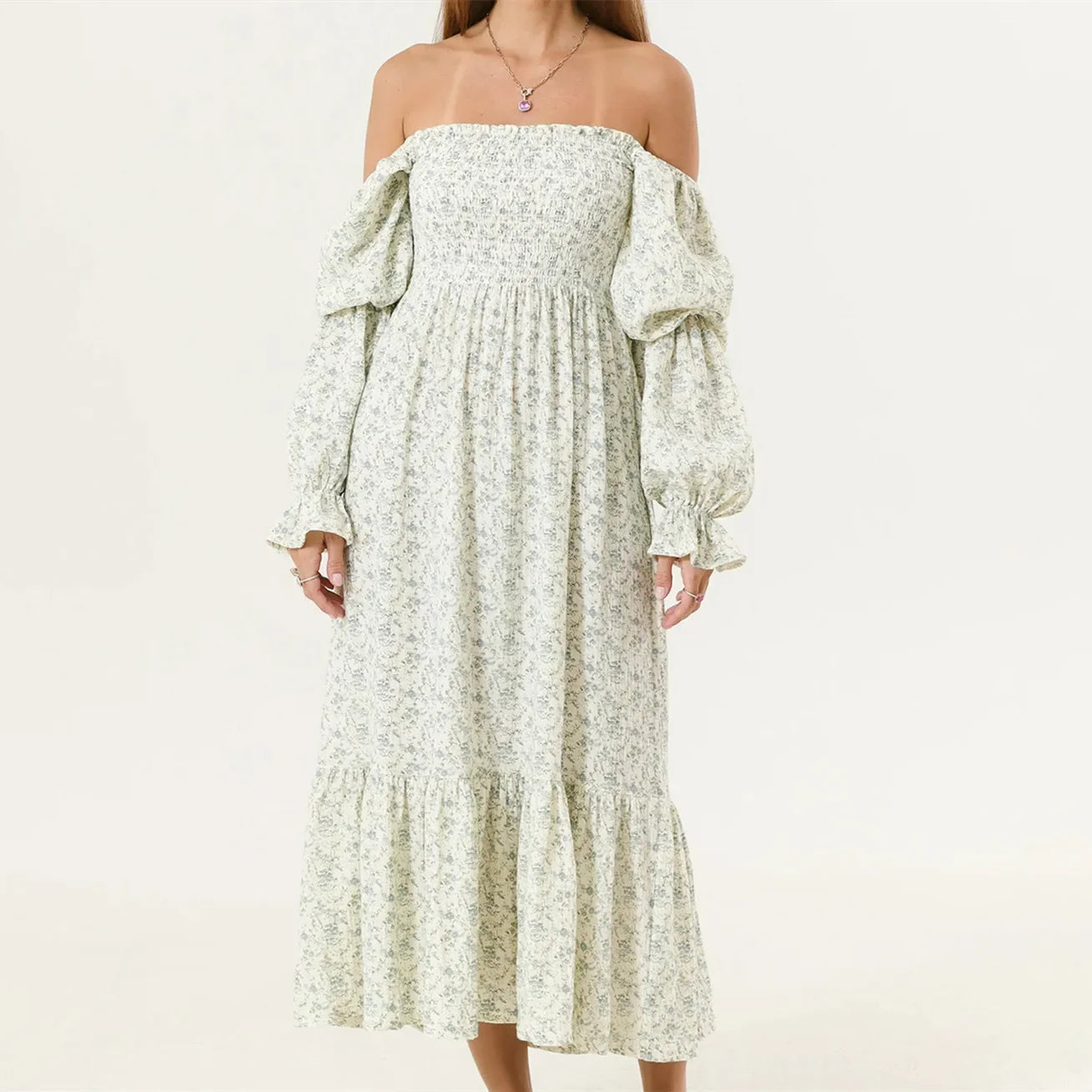 AIERTU  -  Woman Vintage Floral Dress Puff Long Sleeve Off Shoulder Ruffle Long Dress Spring Fall Casual Vintage Bohemian Dresses Aiertu