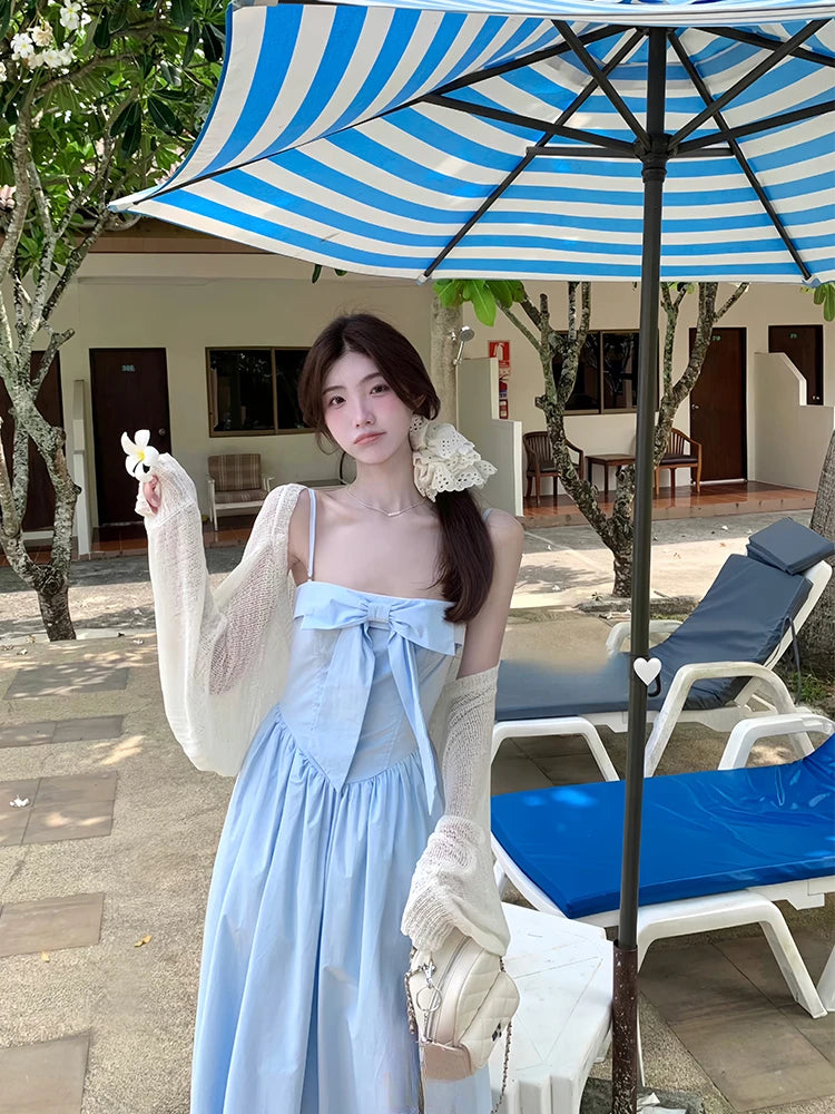 Aiertu Japanese Midi Dress Women Casual Sweet Elegant Strap Blue Bow Strapless Dress Beach Style One Piece Dress Korean 2024 Summer Aiertu