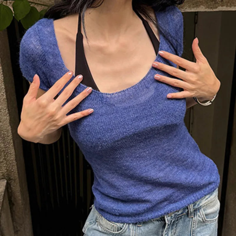 AIERTU  -  Knitted Short Sleeved T Shirt Women Transparent Sexy Thin Stretch Slim Fit Summer Solid Color Casual Street Fashion Daily Top Aiertu