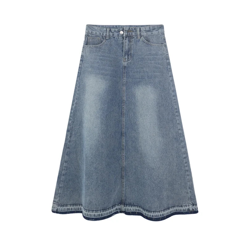 Aiertu Y2k Raw Edge Stitch Maxi Denim Skirt Plain Casual High Waist Long Jeans Skirt Korean Retro Women Streetwear Aiertu