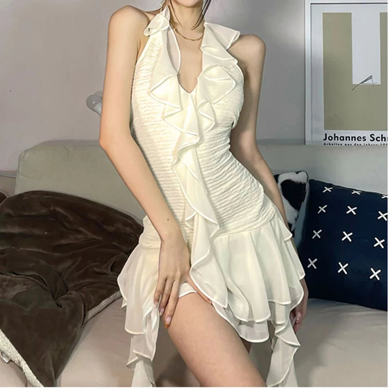 French Ruffles Folds Solid Women Dress Fashion High Waist A Line Ladies Mini Dress Summer Sexy Off Shoulder Female Vestidos Aiertu