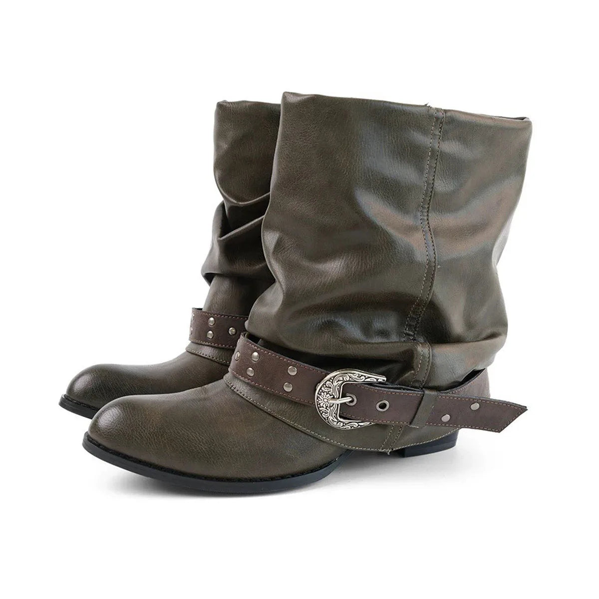 AIERTU  -  Women Western Cowboy Mid Calf Boots Vintage Pointed Toe Chunky Heel Riding Boots with Ornate Buckle Rivets Casual Ankle Boots Aiertu