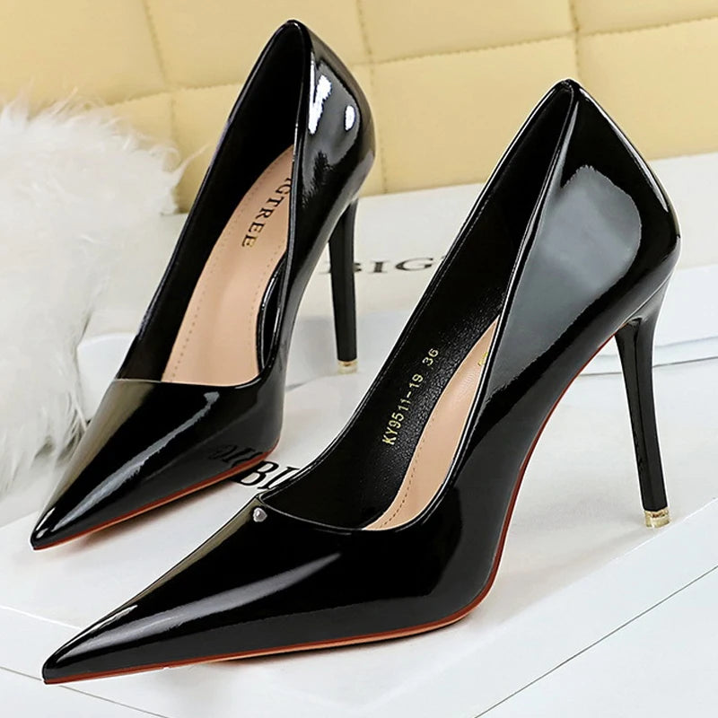 Shoes Crystal Patent Leather Women Pumps Pointed High Heels Women Shoes Stilettos Kitten Heels Female Shoes Plus Size 43 Aiertu