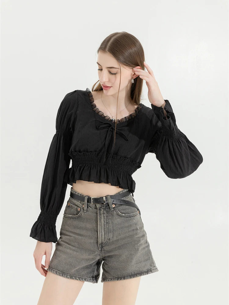 Aiertu French Pleated Lantern Long Sleeve Shirt For Women's 2022 Spring And Autumn New Vintage White Square Collar Blouse Tops Female Aiertu