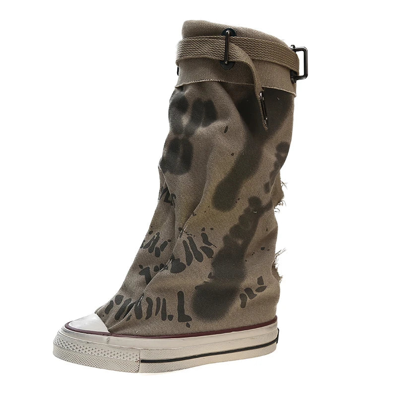 Aiertu Back  to school 2024 Graffiti High Top Canvas Shoes Women's Spring Boots Wide Barrel Mid Barrel Boots New Trouser Barrel Stacking Boots Aiertu