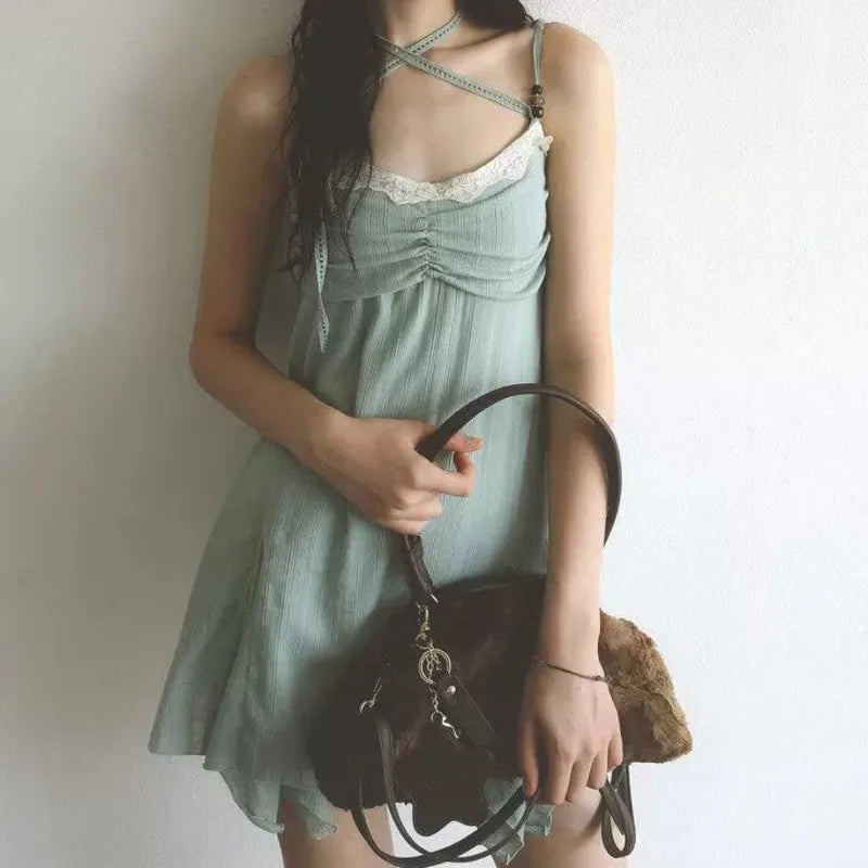 AIERTU  -  Lace Pleats Vintage Strap Chiffon Dress Women Patchwork Strapless Cross Straps Summer Sexy And Sweet Slim Fit Comfortable Dress Aiertu