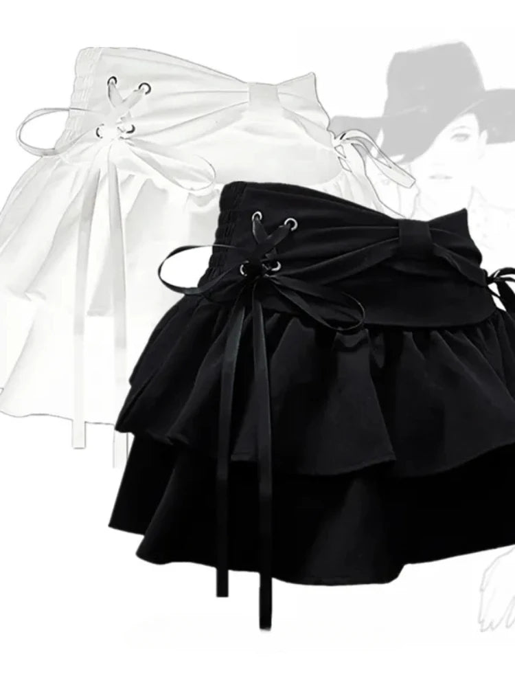 Aiertu Coquette Kawaii Cute Black Bandage Mini Skirt Y2k Sweet Girl Preppy Style Ruffles Pleated Korean Fashion Kpop 2024 Fashion Aiertu