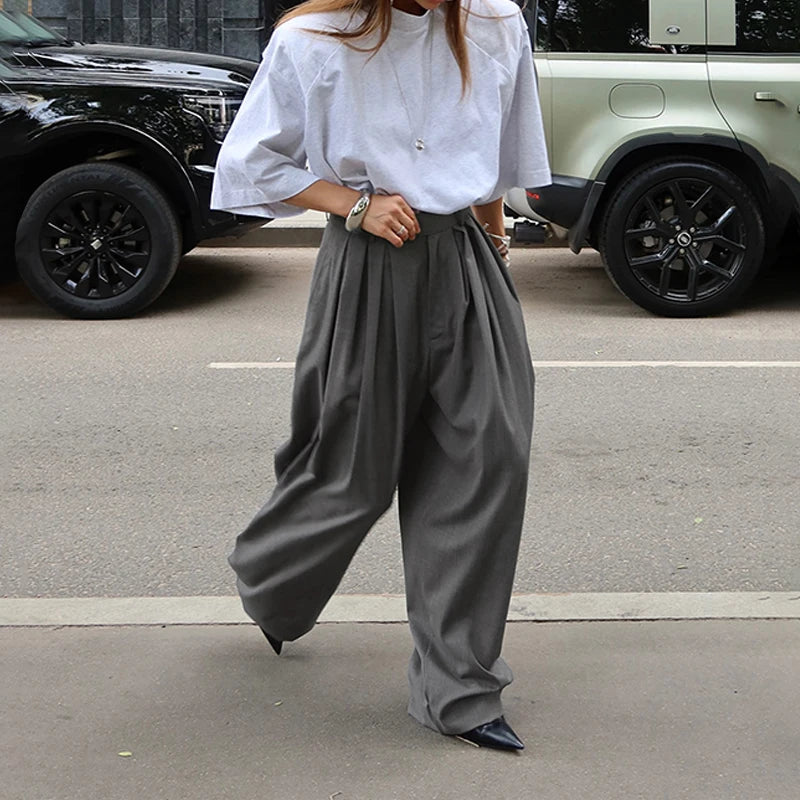AIERTU  -  French Stylish Commuter Gray Pleated Harem Pants for Women Summer Fashion High Waist Chic Baggy Trousers with Pockets Aiertu