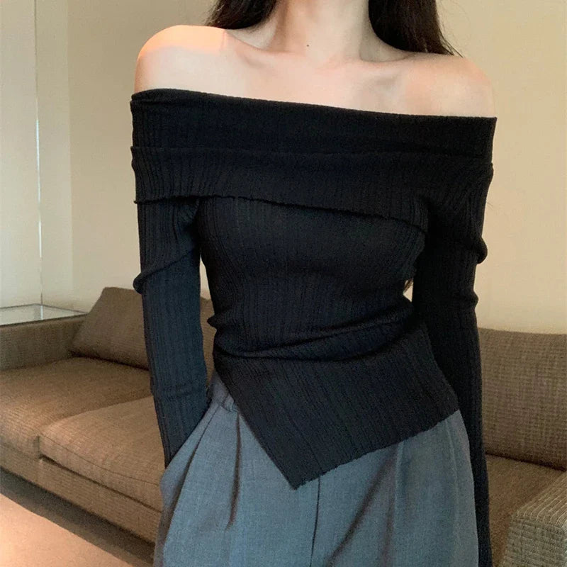 Aiertu Y2K Korean Women Pullover Sweet Knitted Slim Off Shoulder Long Sleeve Female Sweater Autumn New Irregulate Ladies Casual Jumpers aiertu