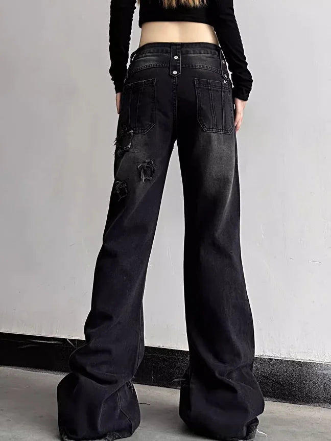 Aiertu Y2K Harajuku Wide Leg High Waist Flared Jeans Slim Ripped Pants Winter Women's Vintage Streetwear Style Denim Trouser Aiertu