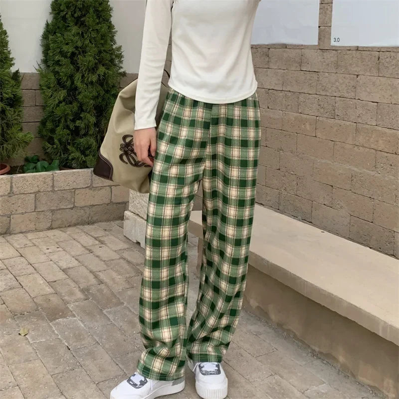 Aiertu Fashion Warm Plush Pants Cashmere Thick Plaid Ladies Winter Casual Loose Wide-legged Pants Korean Streetwear Students Aiertu