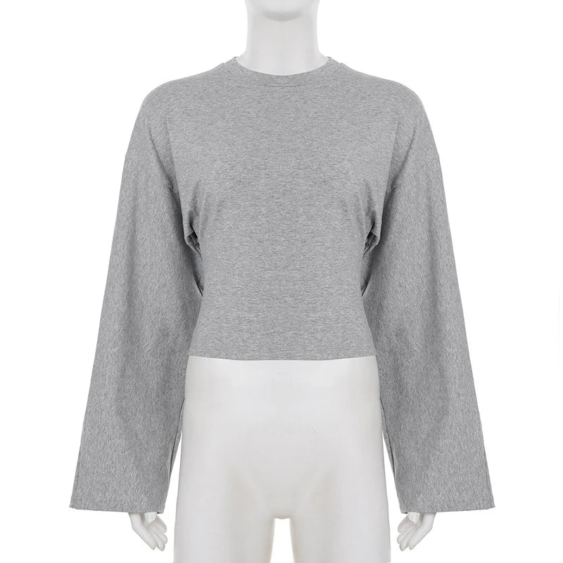 AIERTU - Casual Simple Long Sleeve Round Collar Solid Streetwear Women T-shirts Loose Early Autumn Basic Club Tops Clothing  Aiertu