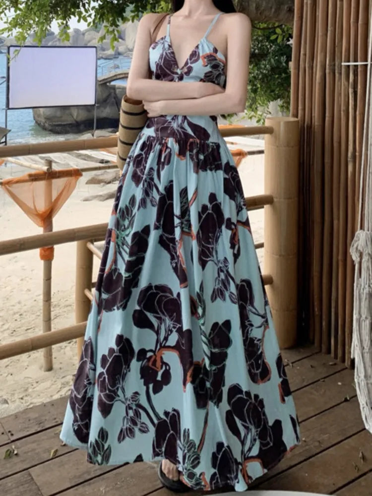 Aiertu Spaghetti Strap Elegant Women Summer Dress Sleeveless Casual A-Line Print Midi Beach Holiday Dresses Female Vestidos Long Robe Aiertu
