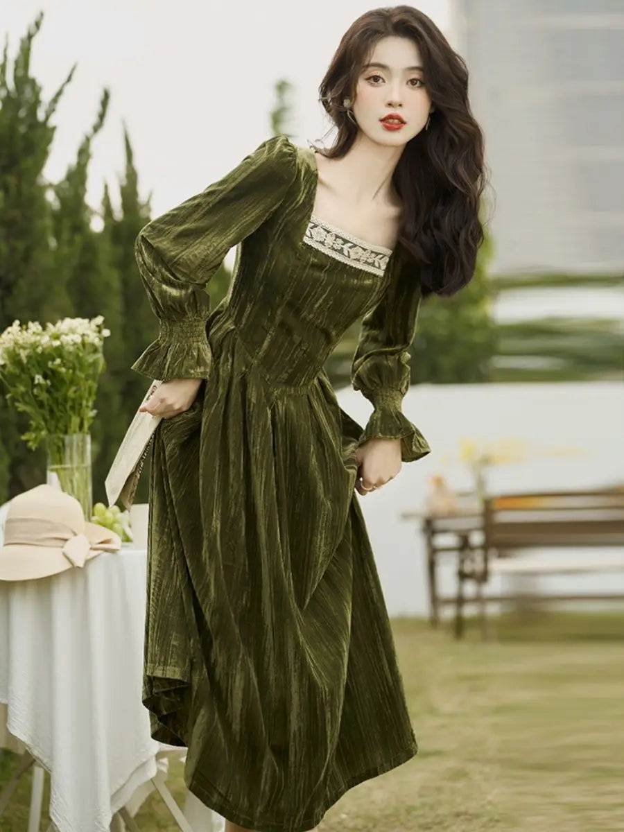 Aiertu Elegant Vintage Velvet Midi Dress Women Lace Patchwork Slim Korean Fairy Dress Female 2024 Spring Fashion Casual Party Dress Y2k Aiertu