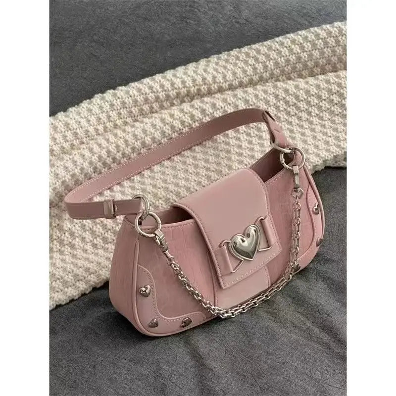 Hot Grils Y2k Handbag Women Vintage Sweet Cool Heart Chain Pink Underarm Bag Female Fairycore Aesthetic Shoulder Bag new Aiertu