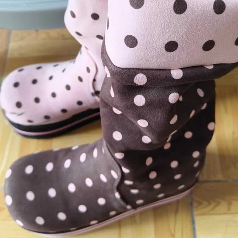 AIERTU  -  Chocolate Pink Polka Dot Thick Soled Pleated Middle Tube Pile Boots Cute Sweet Girl's Short Boots Women Shoes Aiertu