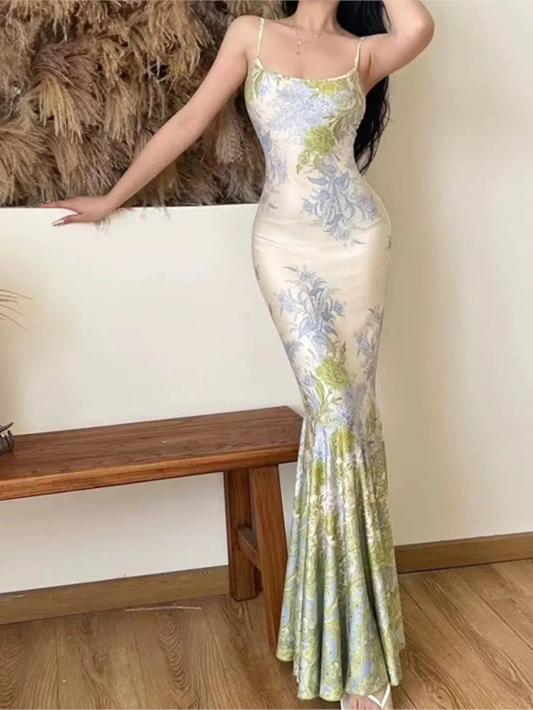 Aiertu Fashion New Women Summer Bodycon Slim Long Dress Sleeveless Casual Floral Vintage Fishtail Vestidos Female Party Clothes Robe Aiertu
