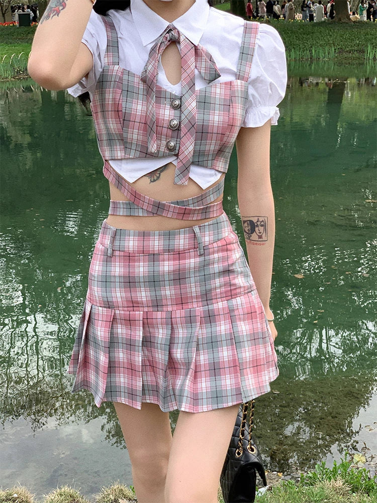 Aiertu Summer Sexy Two Piece Skirt Set Women Patchwork Plaid Korean Fashion Skirt Suit Female Casual Japanese Party Mini Skirt Set 2024 Aiertu
