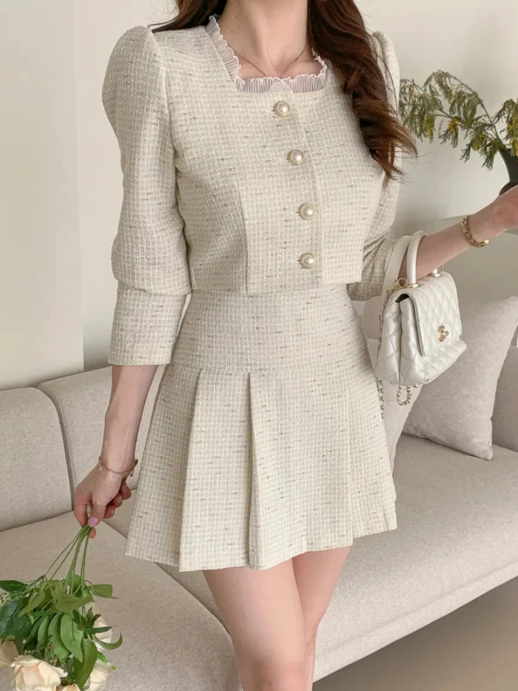 Aiertu Fashion Korea Elegant Tweed Small Fragrance Short Jacket Cropped Coats + High Waist Mini Skirts Suits Slim Women Two Piece Sets Aiertu