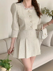 Aiertu Fashion Korea Elegant Tweed Small Fragrance Short Jacket Cropped Coats + High Waist Mini Skirts Suits Slim Women Two Piece Sets Aiertu
