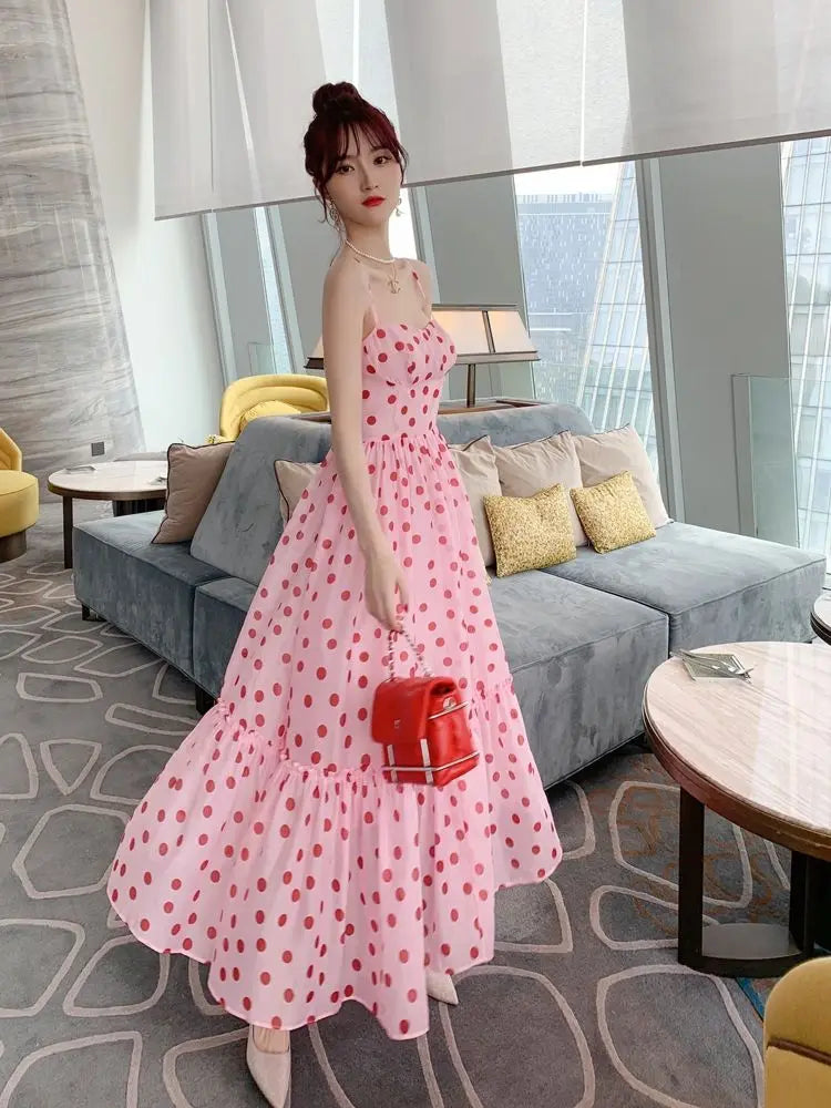 Aiertu Women Vintage Sexy Dot Dress Retro Party Dress Summer Sleeveless French Waist Up Sweet Fairy Big Swing Skirt Long Sundress Aiertu