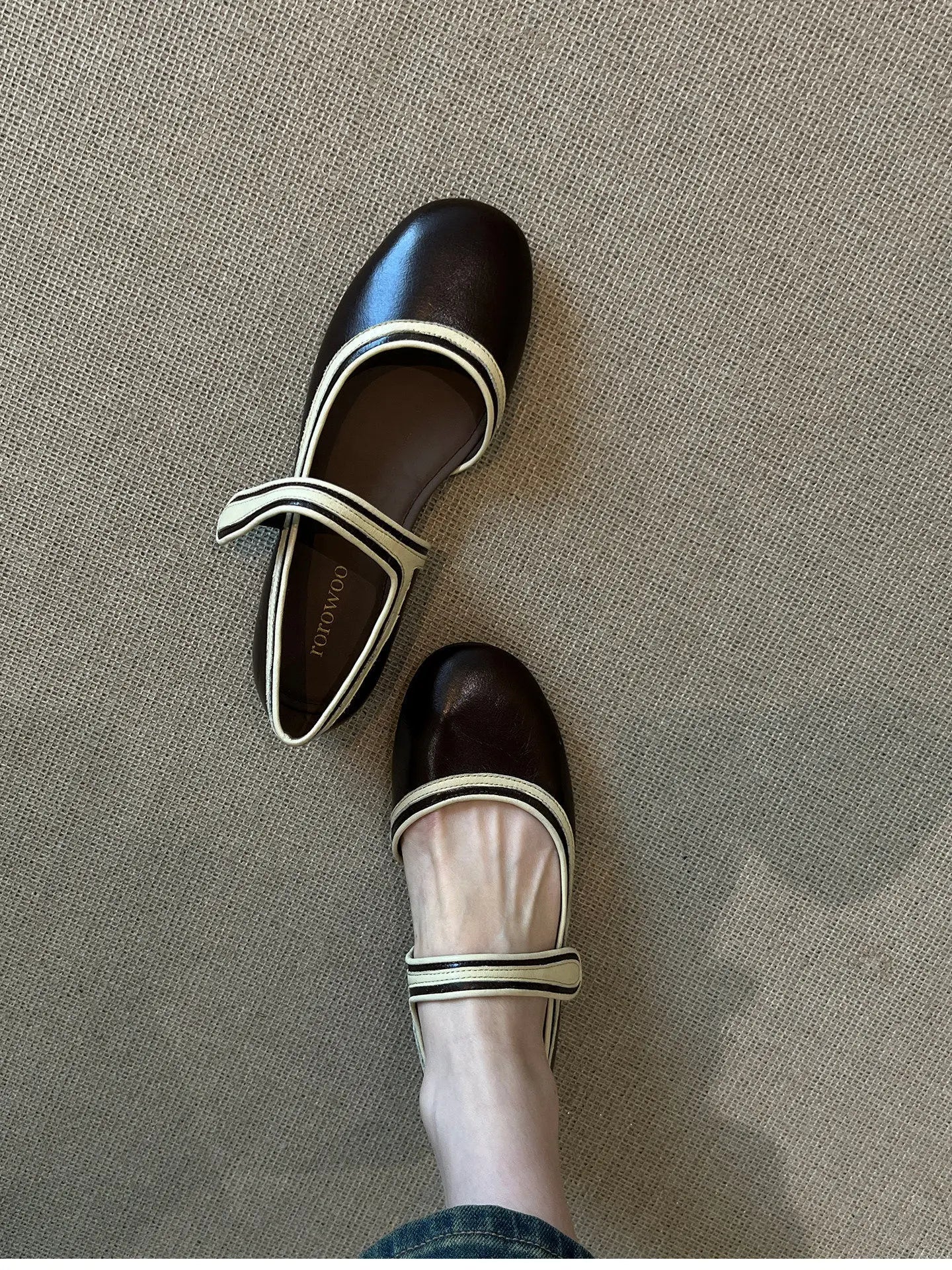 AIERTU  -  French Style Flat Bottom round Head Pearl Embellished Mary Jane Shoes Women's Slip-On Shoes with Magic Tape Spring New Arrival Aiertu