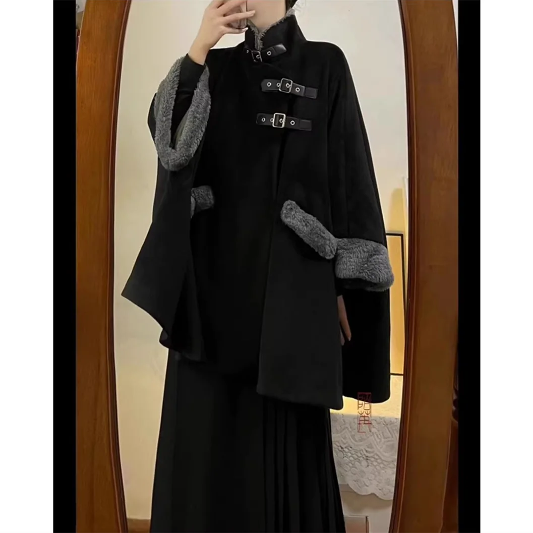 Aiertu Chinese Style Cloak Coat Women New Chinese High end Plush Capes Autumn and Winter Loose Causal Warm Black Coat Women Clothing Aiertu