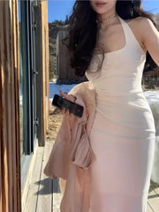 Aiertu Women Fashion Elegant Casual Midi Dress Halter Bodycon Slim Vintage Party Birthday Vestidos Female Clothes Sleeveless Lady Robe Aiertu