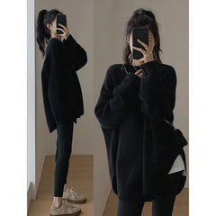 Spring Women New Korean Sweater Loose Knitting Warm Round Neck Falling Shoulder Sleeves Long Sleeved Solid Color All-match Tops Aiertu