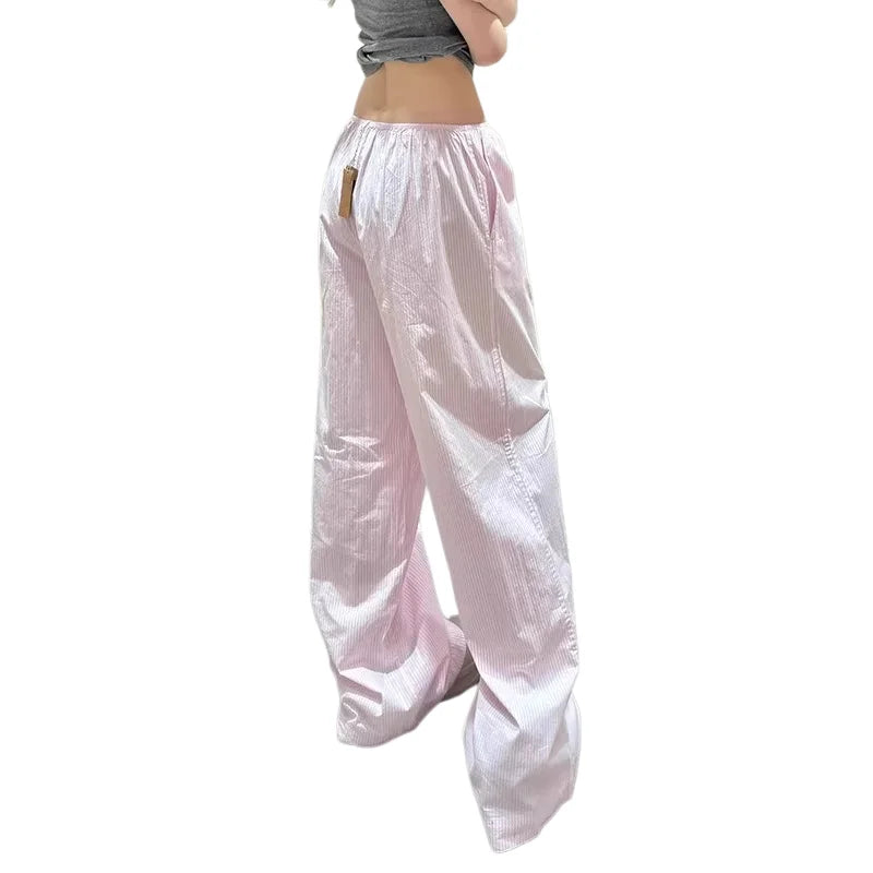 AIERTU  -  New Ins Korean Style Pink Striped Wide Leg Pants Women High Waist Loose Plus Size Casual Long Pants Summer Lounge Trousers Aiertu