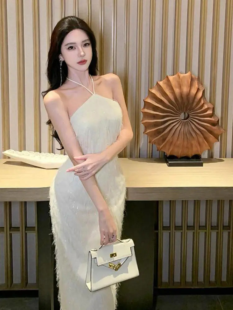 Aiertu White Halter Tassel Bandage Dress Women Summer Backless Sexy Club Dress Luxury Elegant Temperament Party Evening Dresses Aiertu