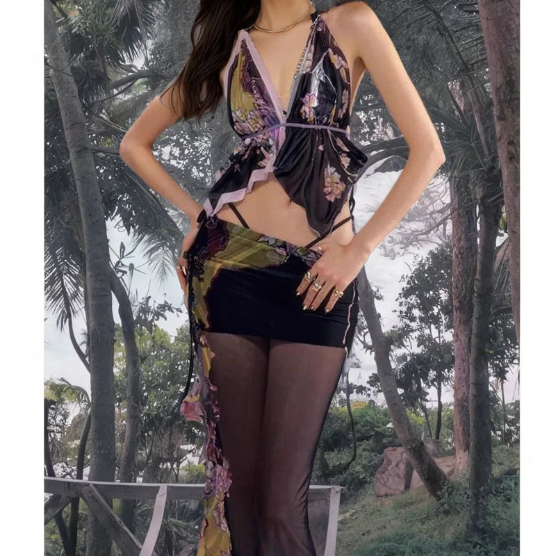 AIERTU  -  Floral Plant Printed Bikini Set Women's Slim-fit Fashion Lace Up Sexy Perspective Backless Holiday Beach Dopamine Style Dress Aiertu
