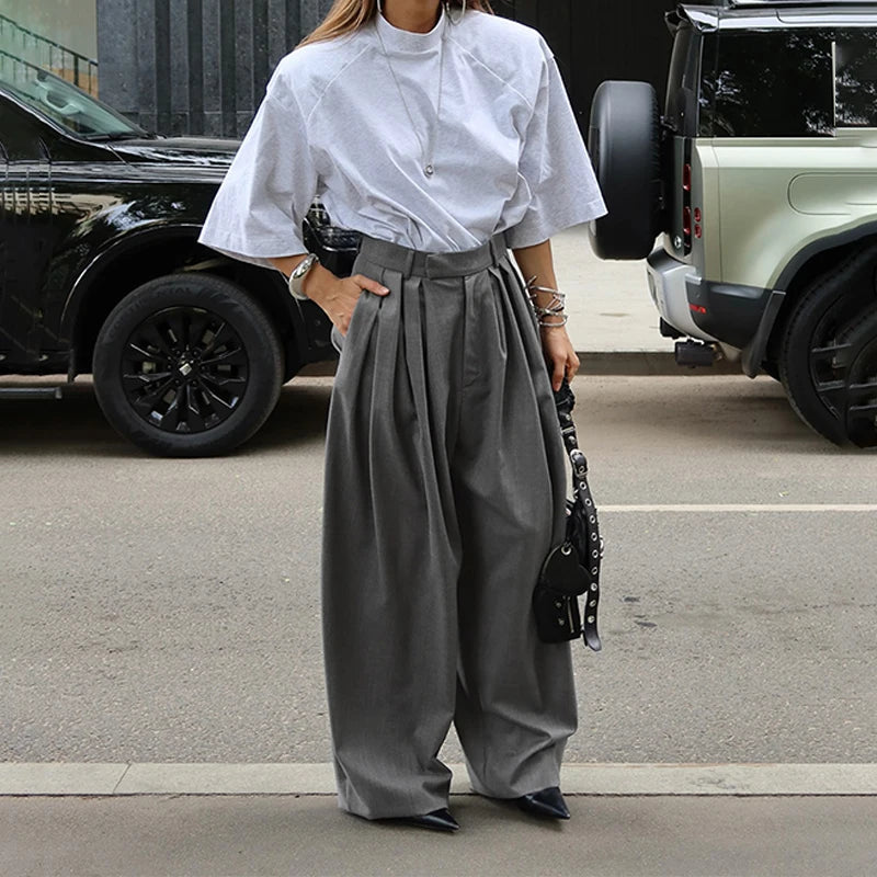 AIERTU  -  French Stylish Commuter Gray Pleated Harem Pants for Women Summer Fashion High Waist Chic Baggy Trousers with Pockets Aiertu