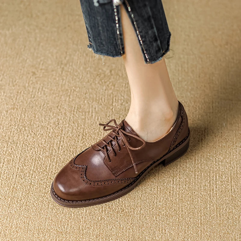 Women Pumps Oxfords Autumn Shoes for Woman Genuine Leather Brogues Retro Lace Up Loafers Casual Handmade Black Girls Shoes Aiertu