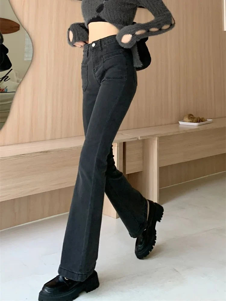 Aiertu Black Gray High-waisted Flared Jeans Women's Retro Straight Elastic Slim Slim Wide-leg Flared Pants Female Trousers Aiertu