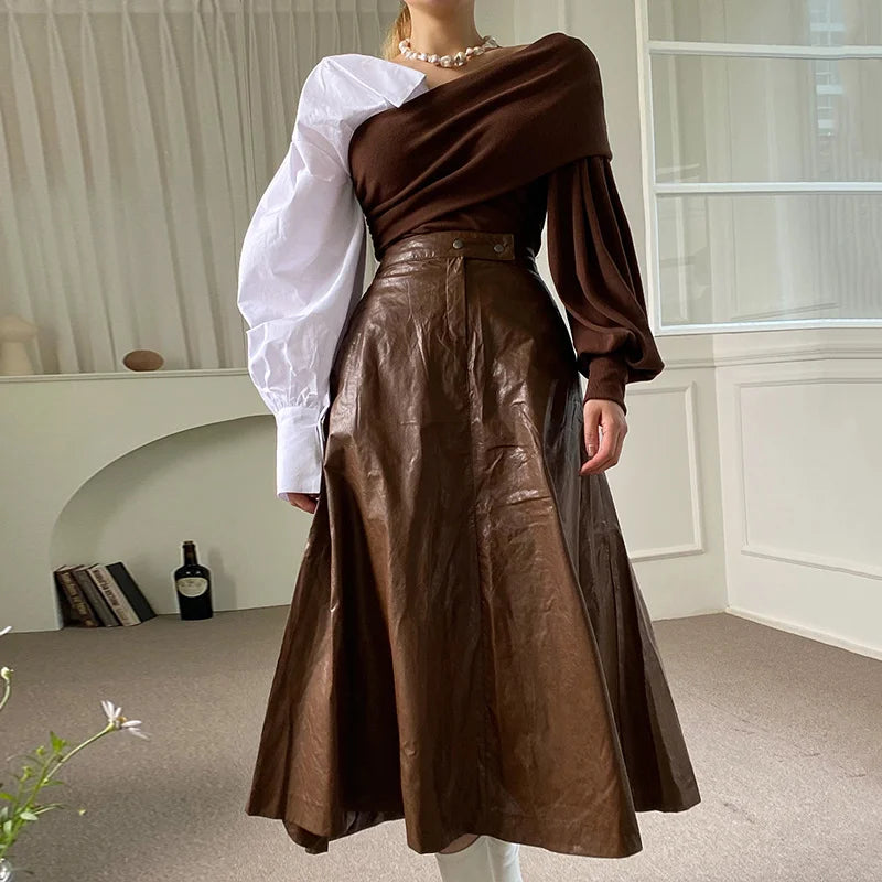 Aiertu V-neck Long Sleeve Contrasting Color Queen 2024 Spring new Loose Top Korean Chic Ladies Sweater Off-the-shoulder clothing Aiertu