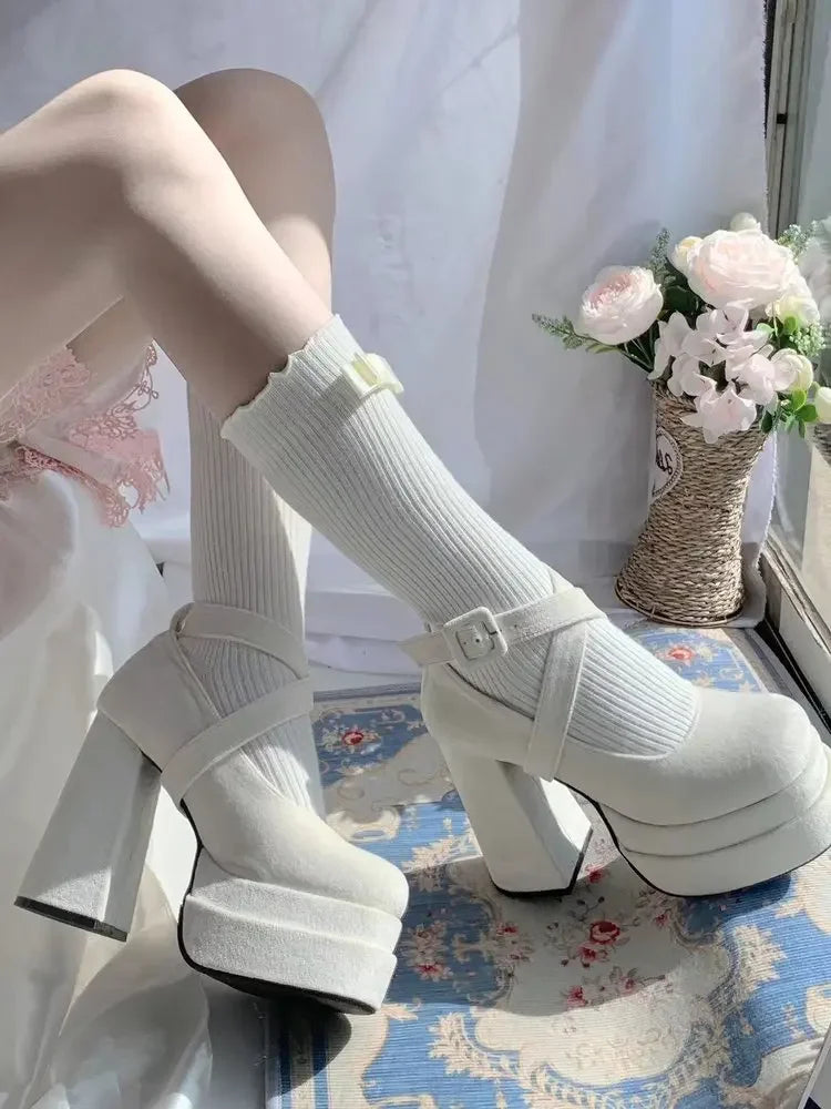 Aiertu Luxury Shoes Fashion Designer Platform Women Mary Jane Shoes Cross Strap Thick Heel Shoes Ladies College Style Dress Pumps Shoe Aiertu