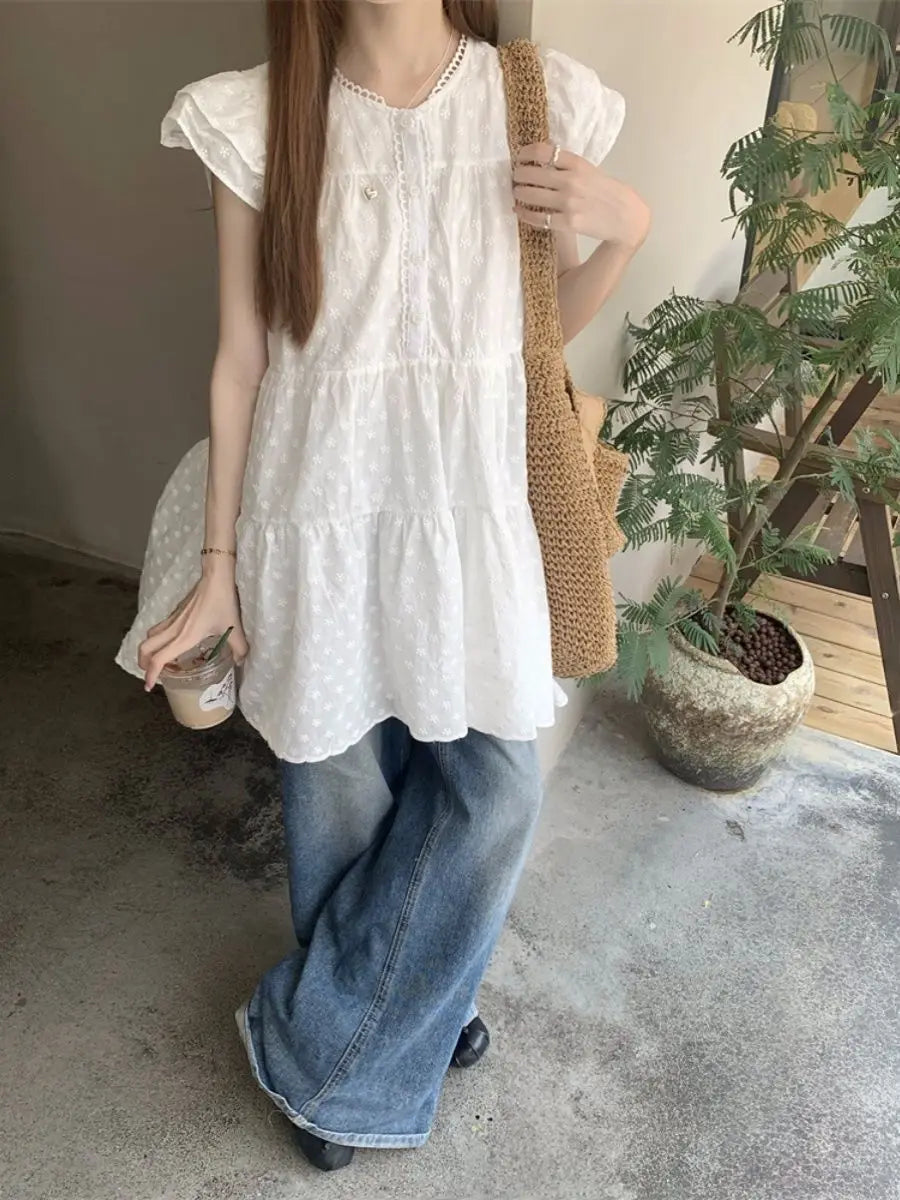 AIERTU  -  Sweet Wind White Embroidery Dress Women's Summer New Stacked A-shaped Cake Dress Aiertu