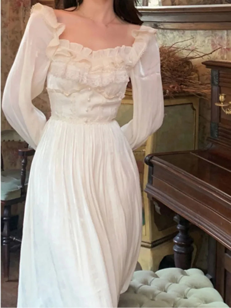Aiertu New Spring Fashion Elegant Chic Women Dress Long Sleeve Vintage Casual Solid Party Birthday Robe Female French Style Vestidos Aiertu