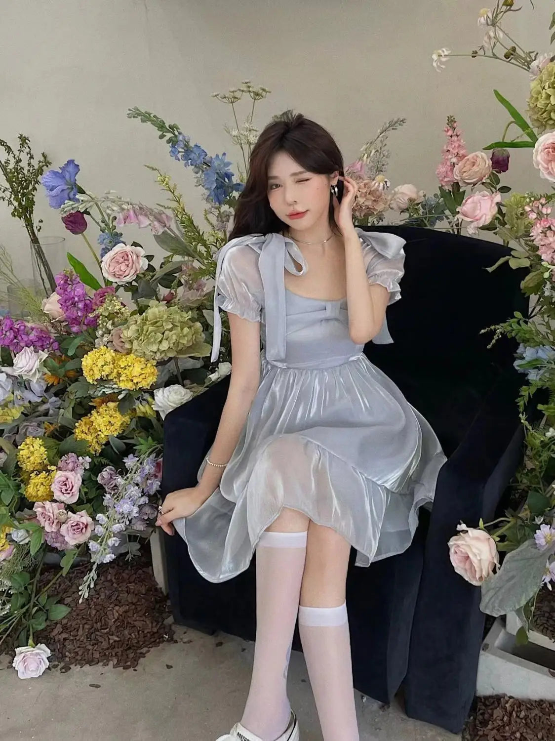 Aiertu Autumn Sweet Puff Sleeve Fairy Dress Women Bow Vintage Casual Princess Mini Dress Female Solid Japanese Kawaii Party Dress Aiertu